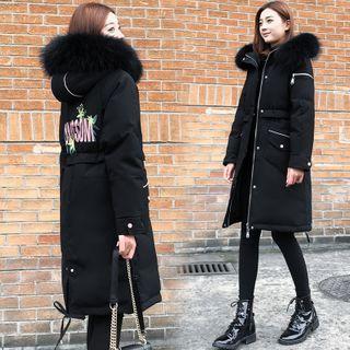 Lettering Furry Trim Hooded Zip-up Midi Coat