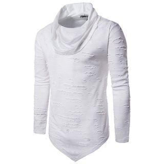 Ripped Cowl Neck Long Sleeve T-shirt