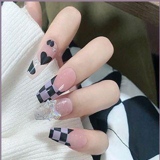 Bow Heart Checker Pointed Faux Nail Tips Z187 - Purple & Black & Nude - One Size