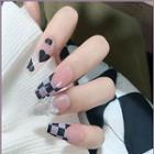 Bow Heart Checker Pointed Faux Nail Tips Z187 - Purple & Black & Nude - One Size