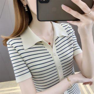 Short-sleeve Collar Striped Cardigan