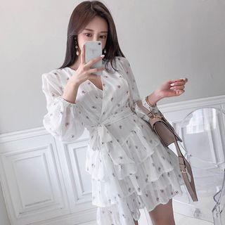Patterned Long-sleeve Layered A-line Mini Dress