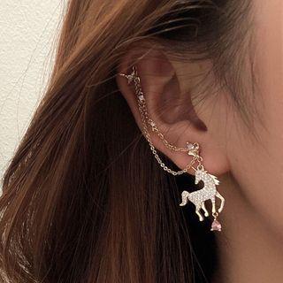 Rhinestone Unicorn Chained Earring 1 Pair - Gold - One Size