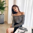 Off-shoulder Zip-up Stripe Top
