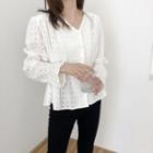 Perforated Long Sleeve V-neck Blouse