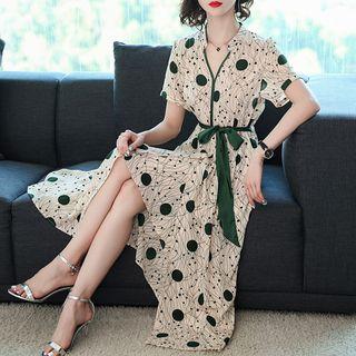 Printed Short-sleeve Asymmetric A-line Midi Dress