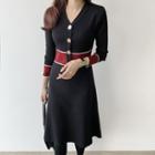 Long-sleeve Color Panel Midi A-line Knit Dress