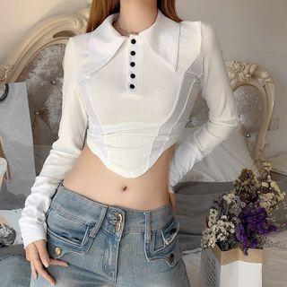Long-sleeve Polo Collar Asymmetrical Knit Crop Top