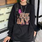 Long-sleeve Leopard Letter T-shirt Black - One Size
