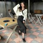 V-neck Two Tone Cardigan / Plain A-line Dress