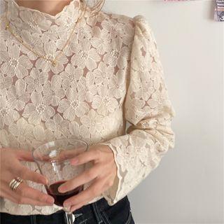 Puff-sleeve Floral Lace Top Almond - One Size