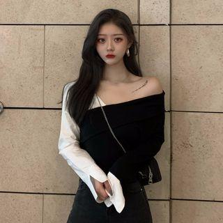 One-shoulder Long-sleeve Paneled Top As Shown In Figure - One Size