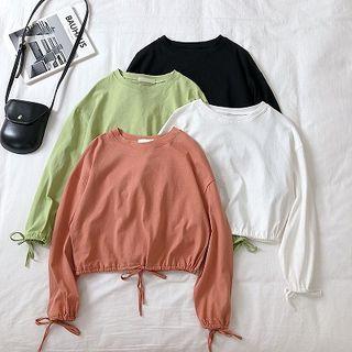 Plain Crewneck Hem Drawcord Long-sleeve Top