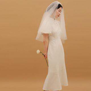 Short-sleeve Mandarin Collar Midi Mermaid Dress