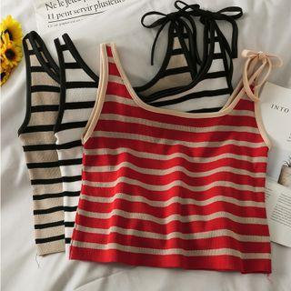 Asymmetrical Ribbon-strap Striped Crop Tank Top