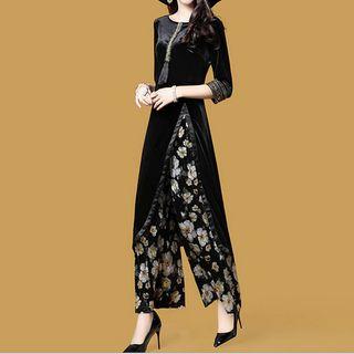 Set: 3/4-sleeve Top + Floral Wide-leg Pants