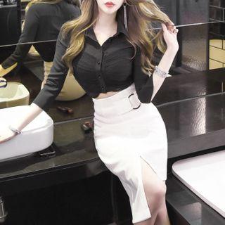 Asymmetrical Pencil Skirt / Elbow-sleeve Crop Top