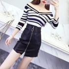 Set: 3/4-sleeve Off-shoulder Knit Top + Zip Front Mini A-line Skirt
