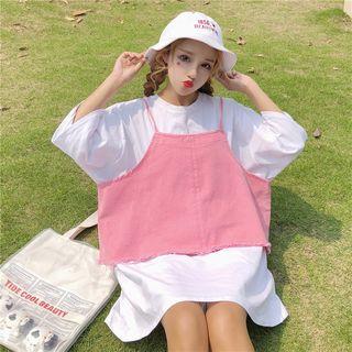 Set: Elbow-sleeve T-shirt Dress + Denim Strappy Top