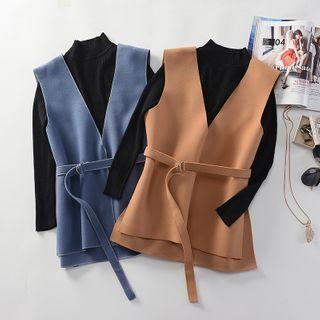 V-neck Belted Vest / Long-sleeve Knit Top