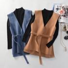 V-neck Belted Vest / Long-sleeve Knit Top