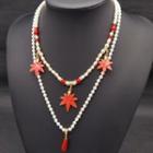 Leaf Beaded Layered Necklace Q60 - Red Maple Leaf - White - One Size