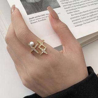 Star Rhinestone Faux Pearl Glaze Open Ring Gold - One Size