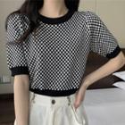 Short-sleeve Checkered Knit Top