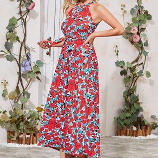 Floral Print Halter Maxi A-line Dress