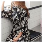 3/4-sleeve Floral Print Dress With Cord