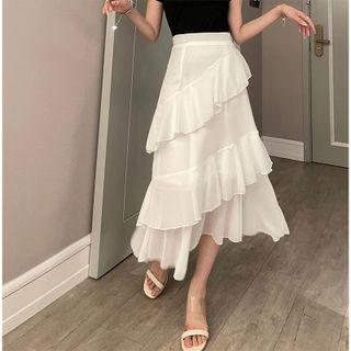 Ruffled Midi A-line Skirt White - One Size
