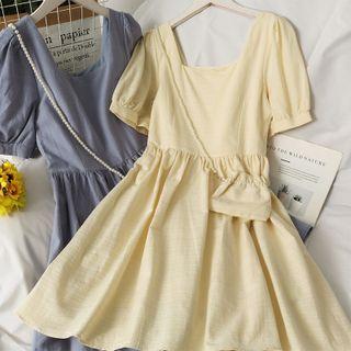 Square-neck Plain Midi Dress With Mini Crossbody Bag In 5 Colors