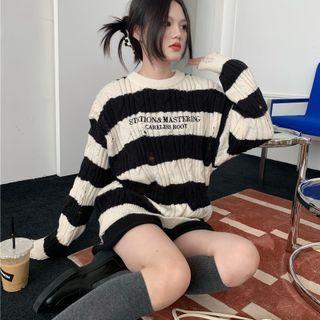 Striped Distressed Cable Knit Sweater