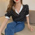 Polka Dot V-neck Short-sleeve Blouse Black - One Size