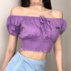 Letter Embroidered Off-shoulder Cropped Blouse Purple - M