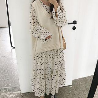 Dotted Lantern-sleeve Midi Shift Dress / Knit V-neck Vest