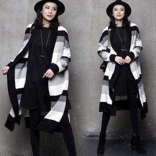 Open-front Striped Long Cardigan Black - One Size