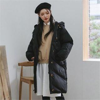 Button & Loop Hooded Long Puffer Coat