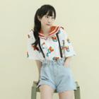 Sailor-collar Floral Blouse White - One Size