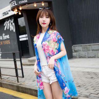 Floral Print Sleeveless Chiffon Light Jacket