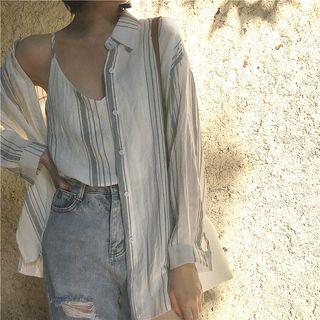 Set: Striped Loose-fit Long-sleeve Shirt + Camisole Top