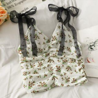 Patchwork Ribbon-strap Printed Ruched Crop Top