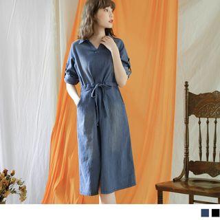 3/4 Sleeve Slit-front Denim Dress