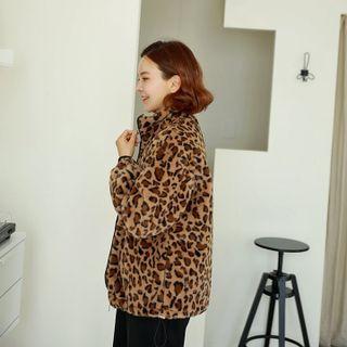 High-neck Leopard Fleece Jacket Brown - One Size
