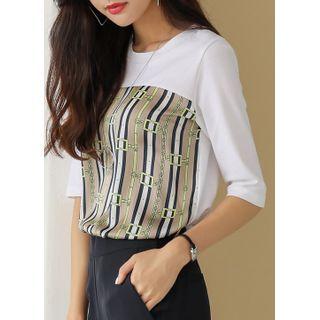 Chain-pattern Satin-panel T-shirt Ivory - One Size
