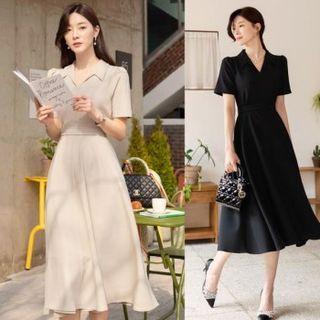 Collared Midi Flare Dress With Belt