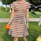 Striped Lace Up Short-sleeve Mini T-shirt Dress Stripe - Multicolor - One Size