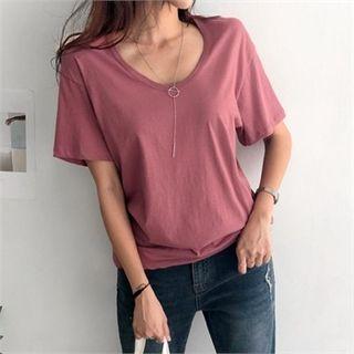 Plaid U-neck T-shirt