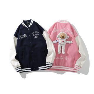 Bear Detail Letter Embroidered Bomber Jacket