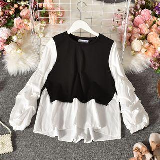 Mock Two-piece Long-sleeve Blouse White Sleeve - Black - One Size